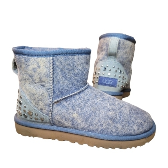 UGG Mini Studded Embellished Bling Light Denim Boots Women's Size 7 - Picture 1 of 9